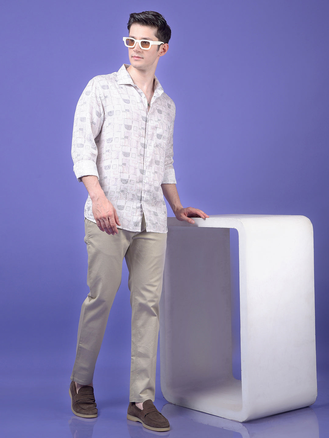 Off White Printed Linen Shirt