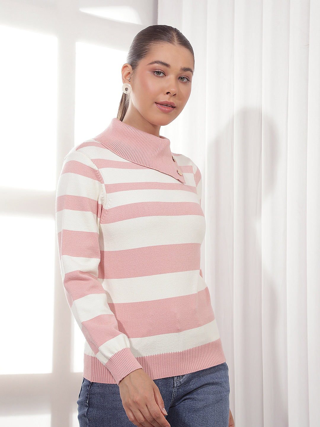 Pink Horizontal Stripes High Neck Sweater