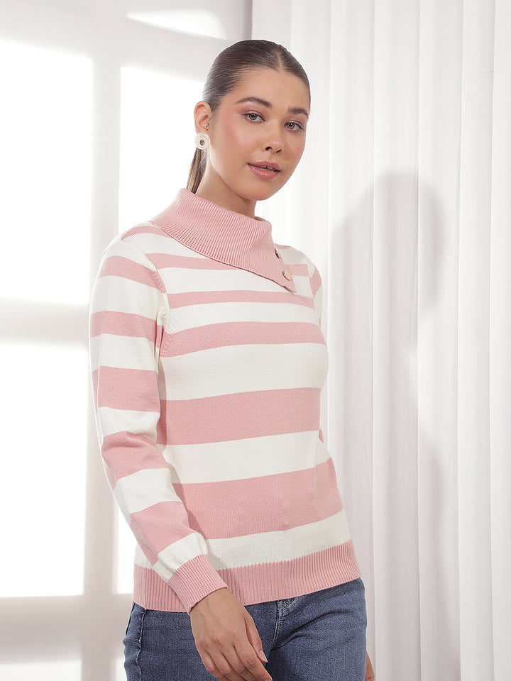 Pink Horizontal Stripes High Neck Sweater