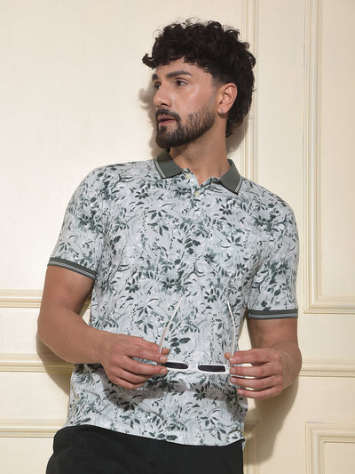 Olive Floral Print Polo-Neck T-Shirt
