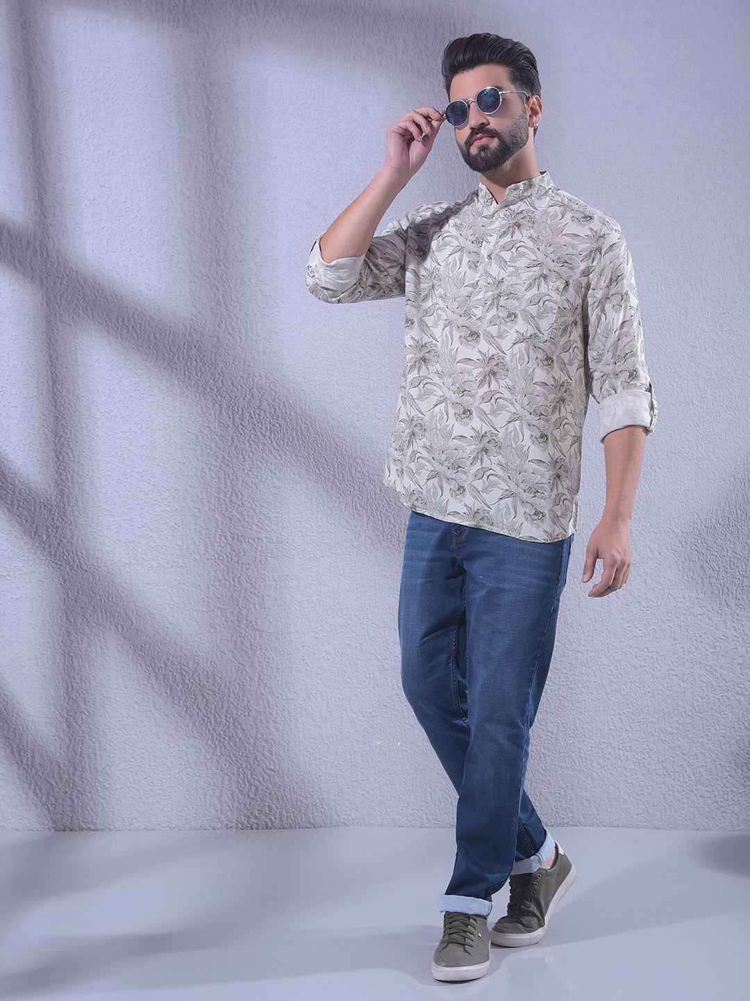 Grey Floral Print Linen Kurta