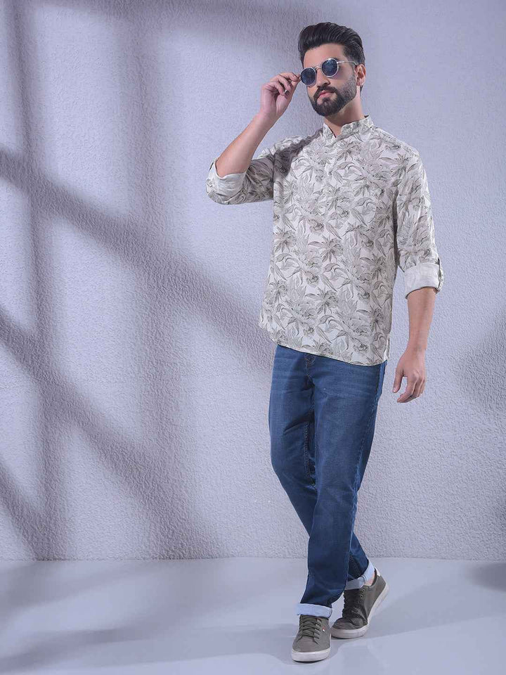 Grey Floral Print Linen Kurta
