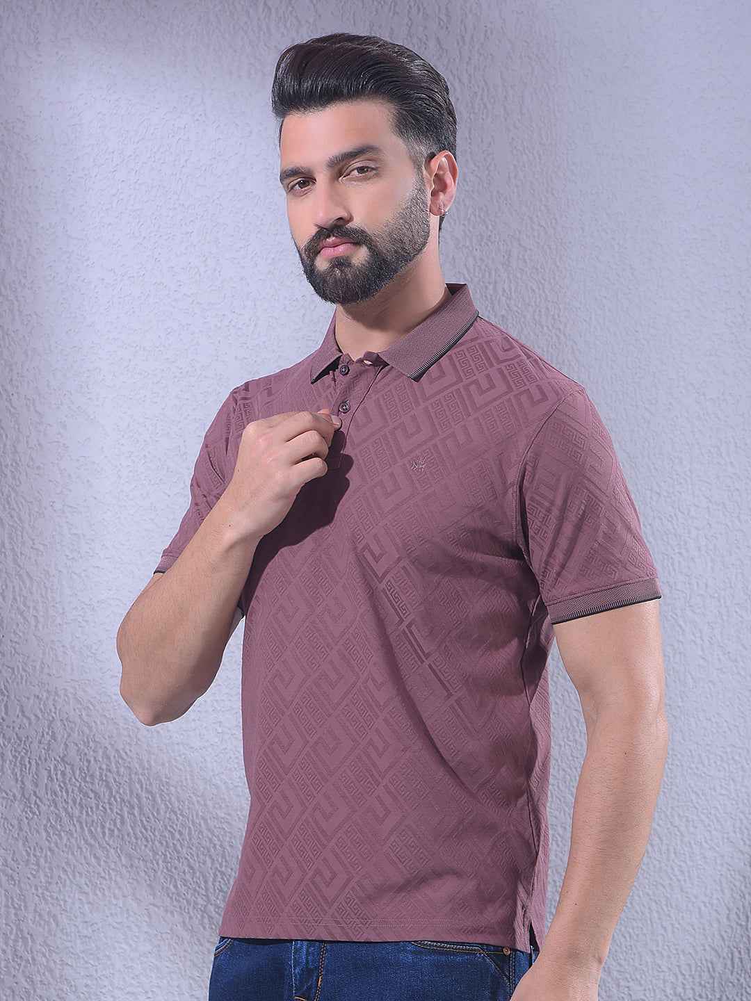 Maroon Jacquard Polo Neck T-Shirt