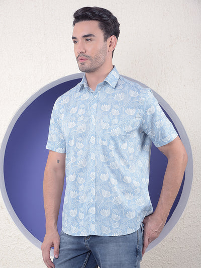 Blue Floral Printed Linen Shirt