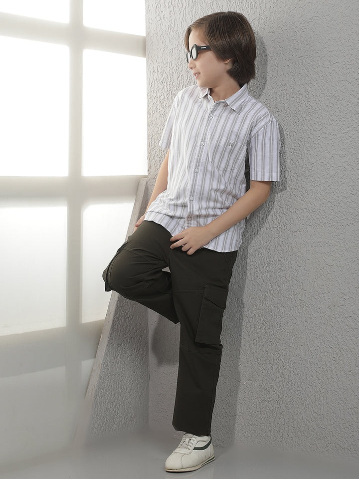 Olive Vertical Stripes 100% Cotton Shirt