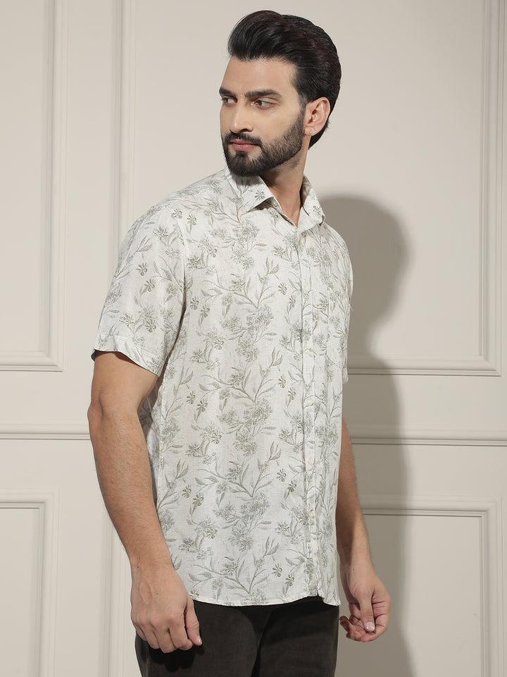 Green Floral Print Linen Shirt