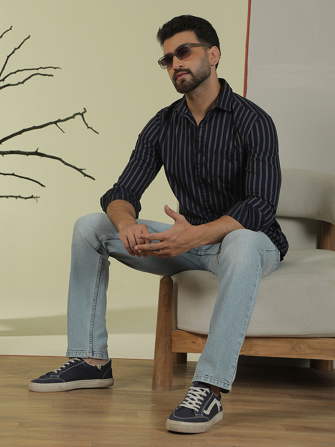 Navy Blue Vertical Stripes 100% Cotton Shirt