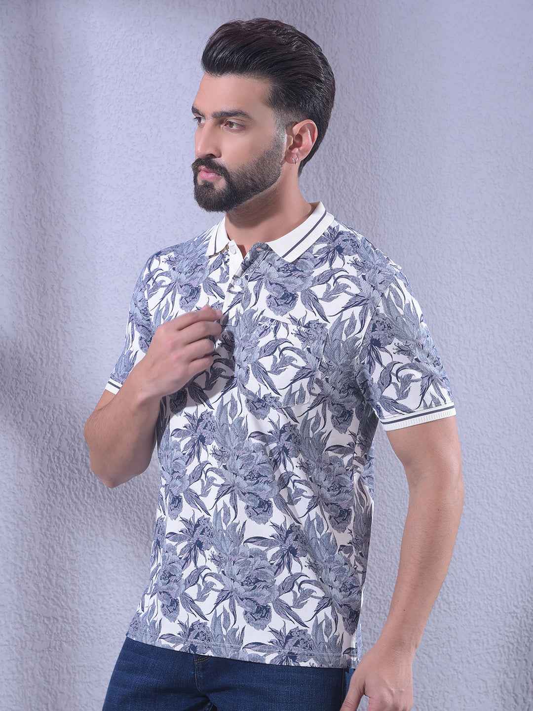 Blue Floral Print Polo Neck T-Shirt