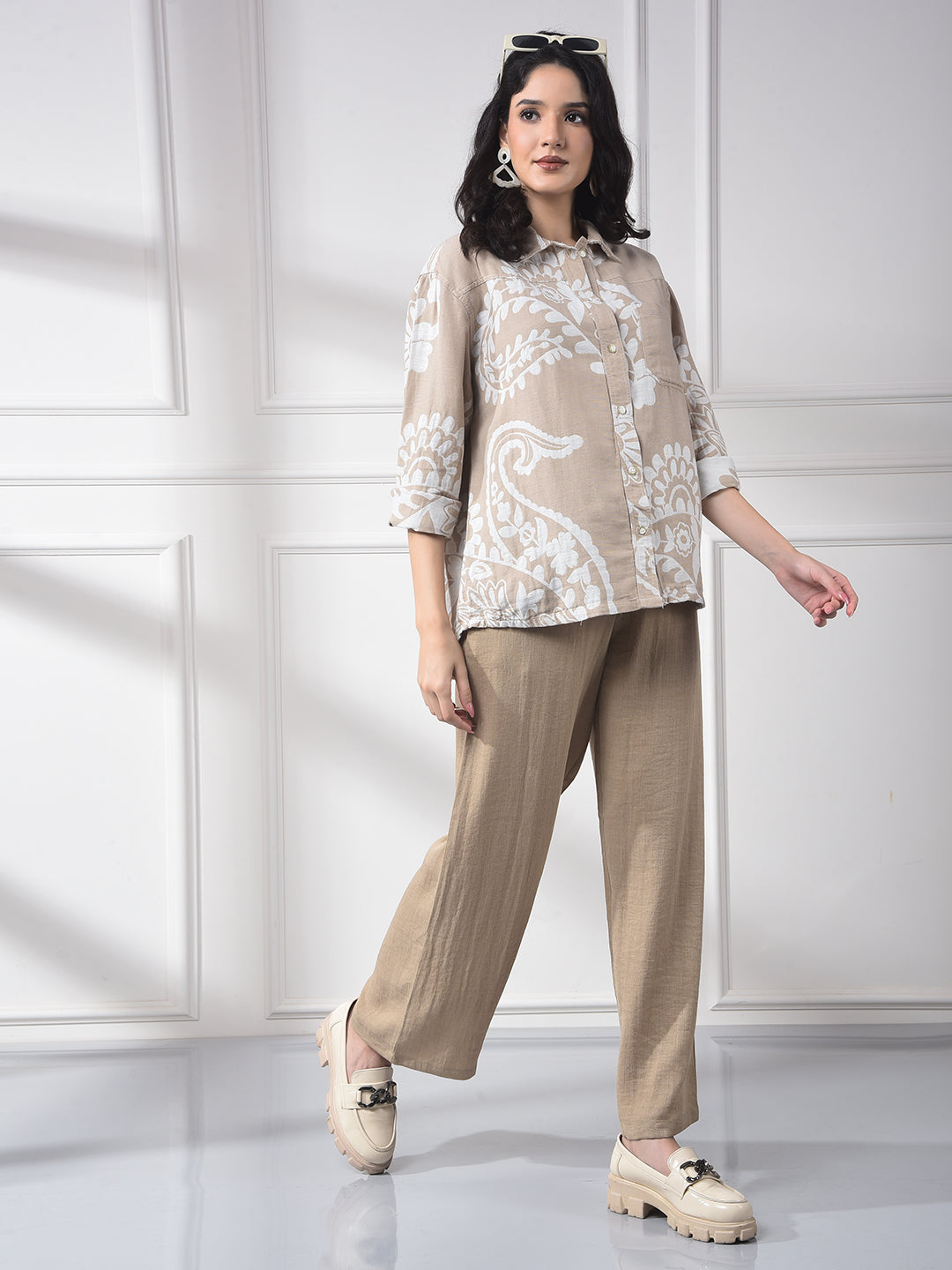 Beige Floral Print Linen Shirt