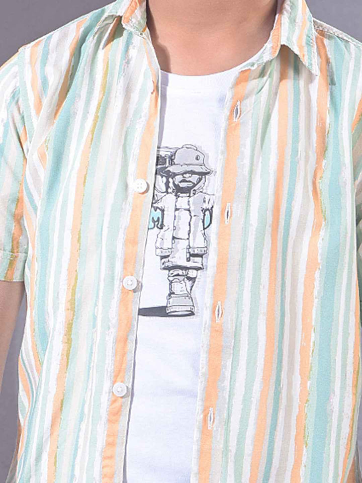 Green Vertical Striped Layered Shirt with T-Shirt