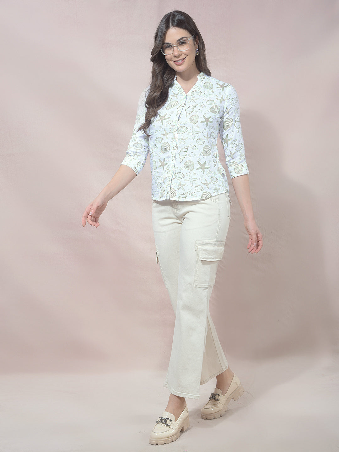 Green Printed V-Neck 100% Cotton Shirt