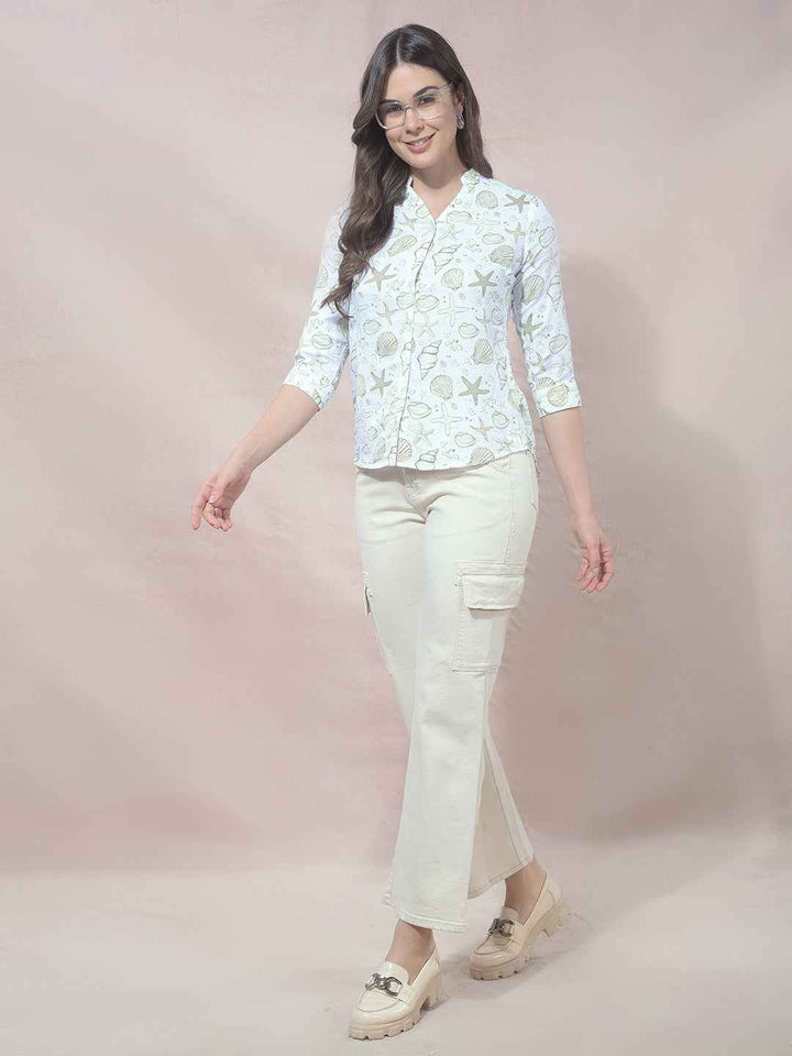 Green Printed V-Neck 100% Cotton Shirt