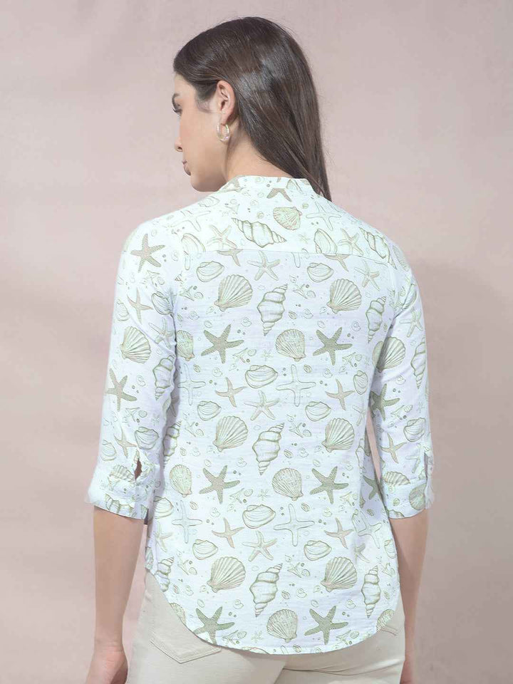 Green Printed V-Neck 100% Cotton Shirt