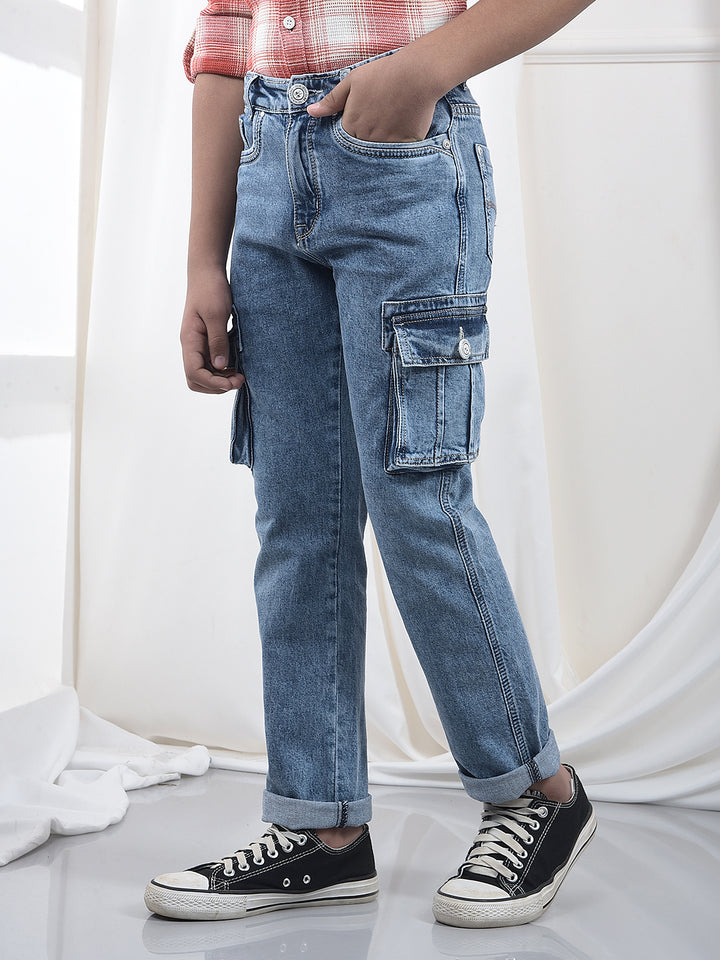 Blue 100% Cotton Straight Cargo Jeans