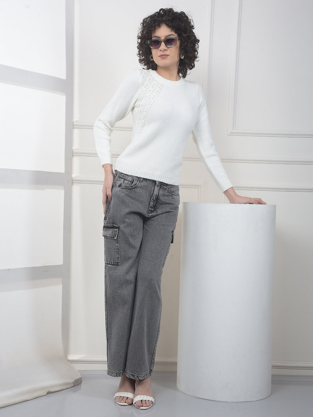 Ash Grey 100% Cotton Wide-Leg Cargo Jeans