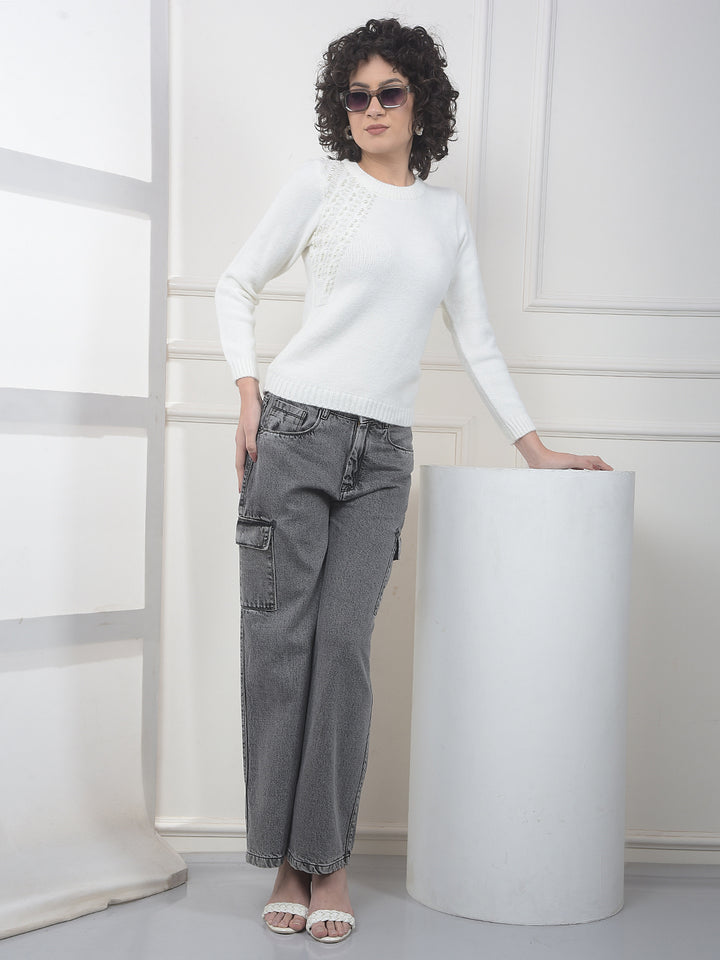 Ash Grey 100% Cotton Wide-Leg Cargo Jeans