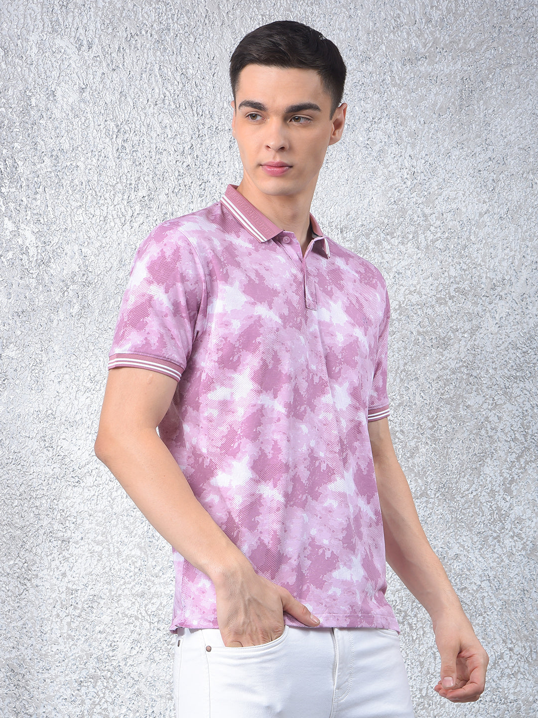 Pink Printed Polo-Neck T-Shirt