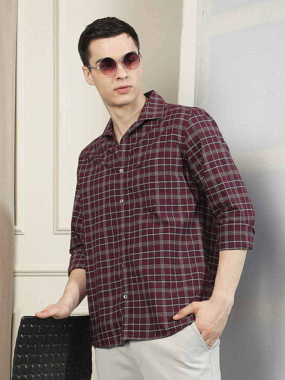 100% Cotton Maroon Checked Shirt