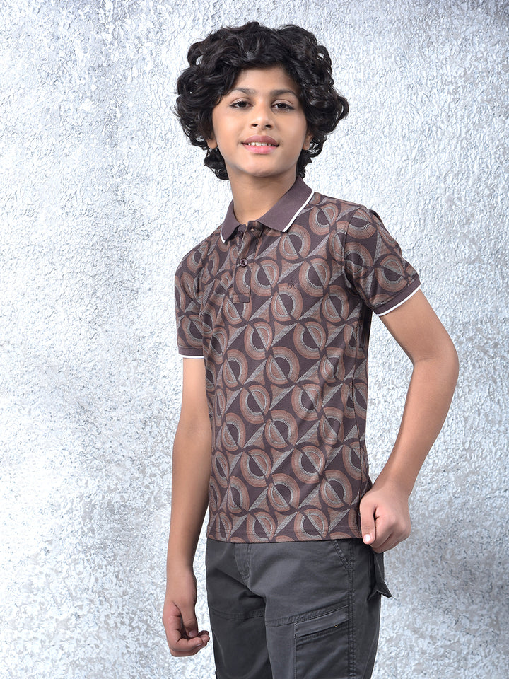 Brown Printed Polo Neck T-Shirt
