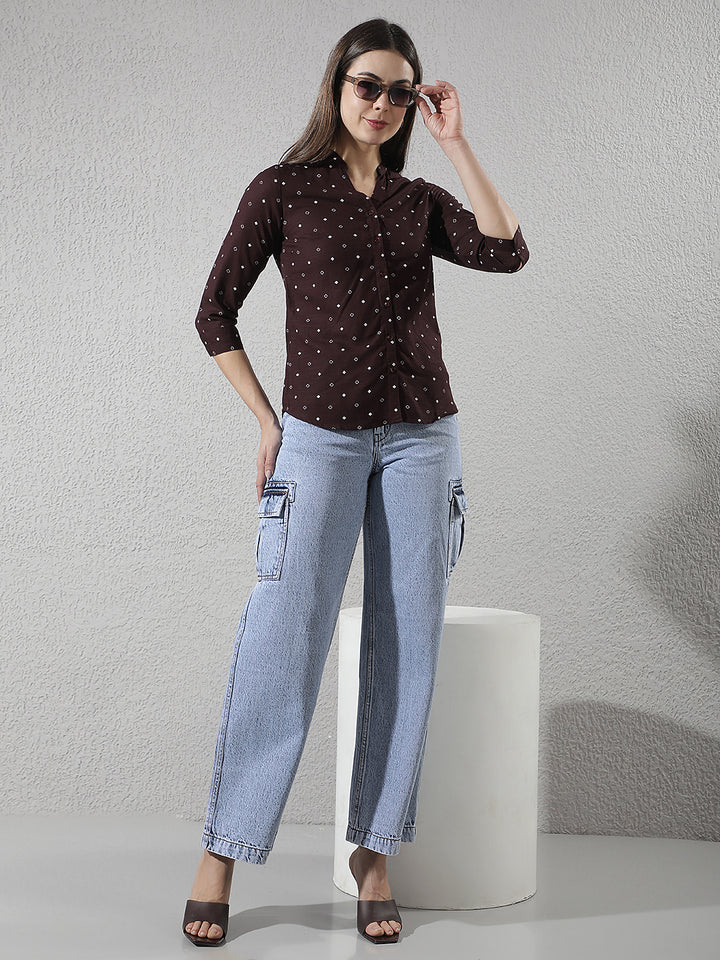 Wine Printed V-Neck Linen Shirt