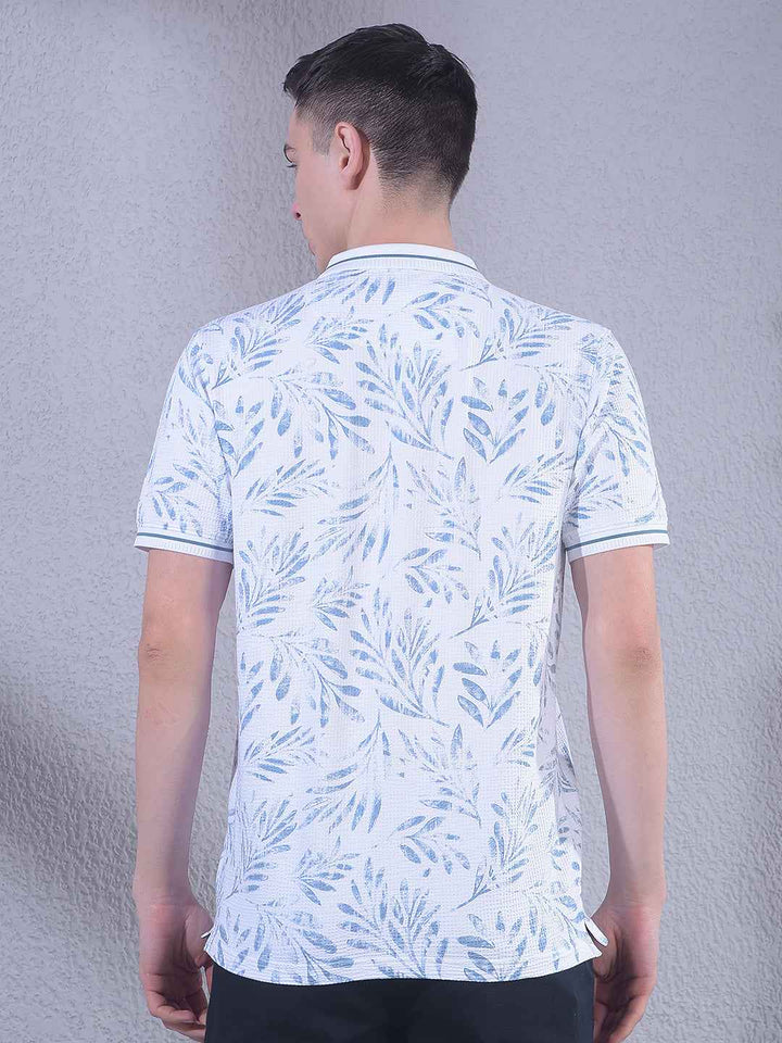 Blue Floral Print Polo Neck T-Shirt