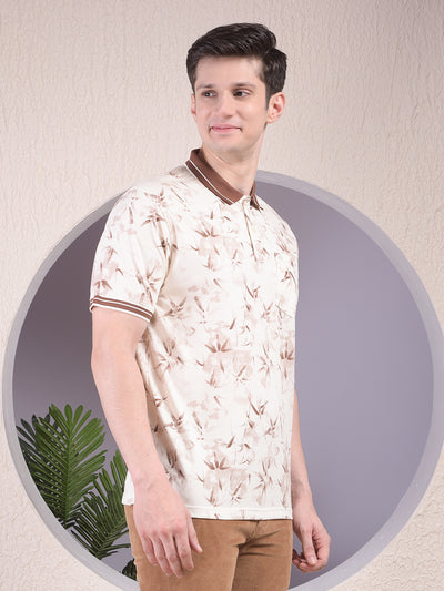 Brown Floral Print Polo-Neck T-Shirt