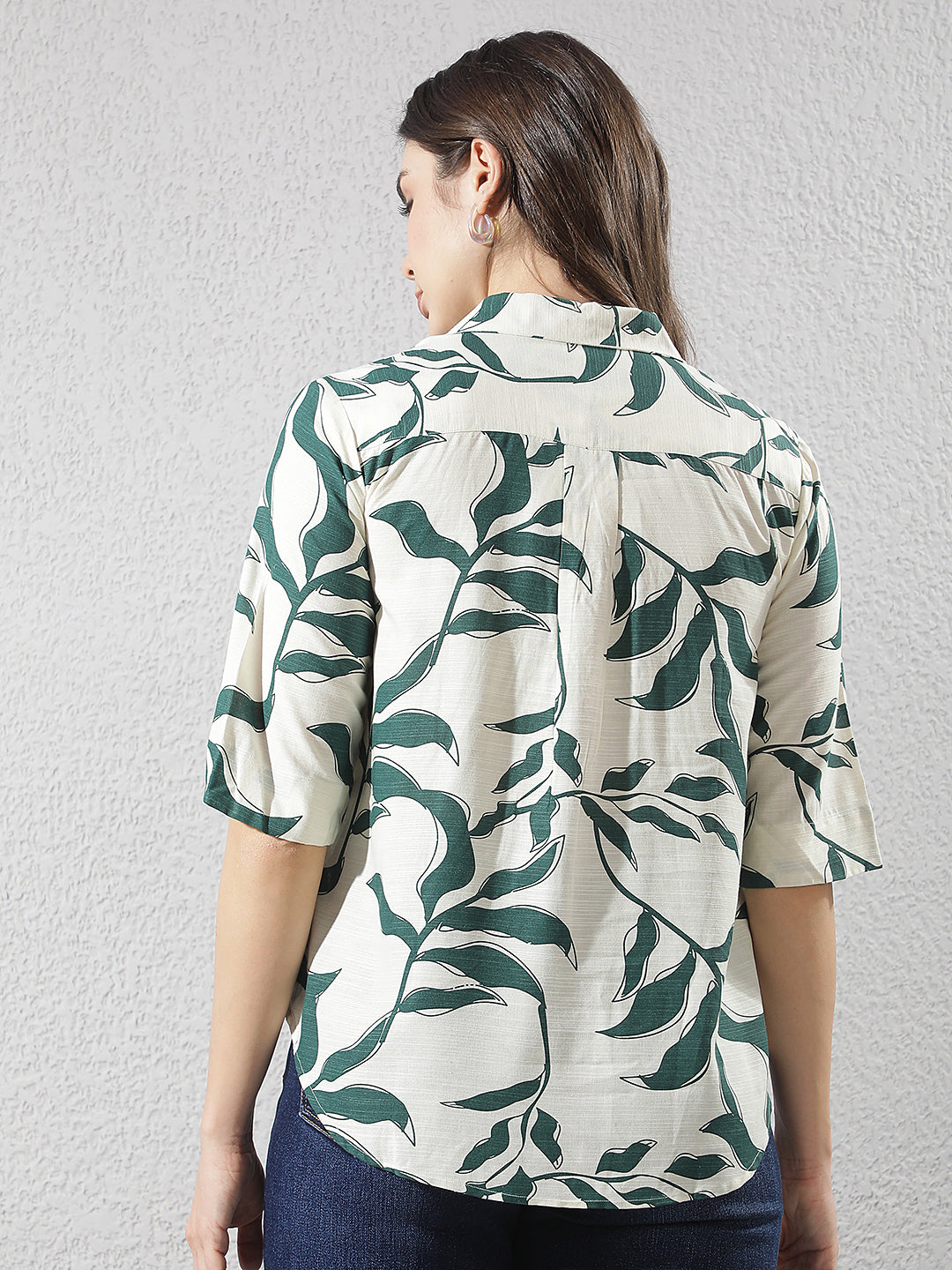Green Botanical Print Linen Top