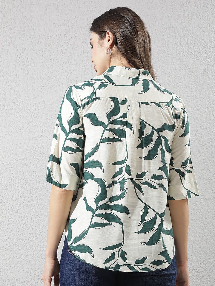 Green Botanical Print Linen Top