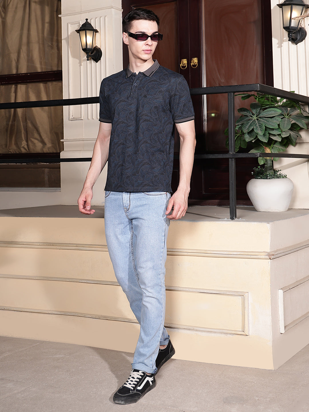 Navy Blue Printed Polo Neck T-Shirt