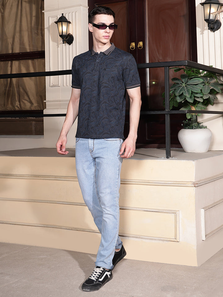 Navy Blue Printed Polo Neck T-Shirt