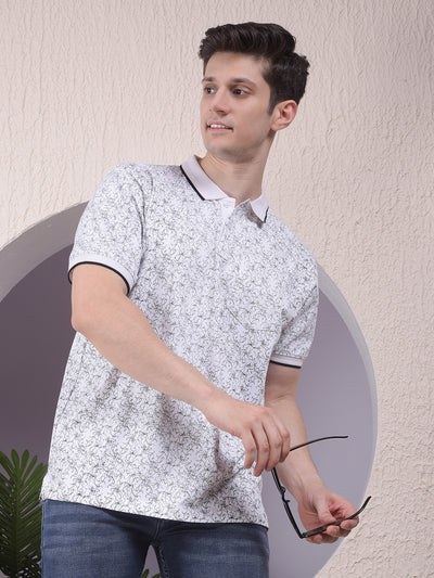 White Printed Polo-Neck T-Shirt