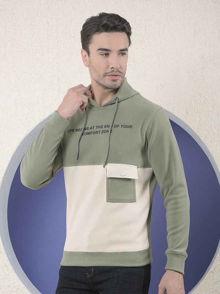Olive Colourblocked Hooded Sweatshirt With Slogan Printed