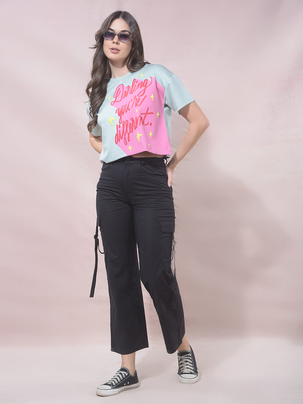 Green Typographic Print Cropped T-Shirt