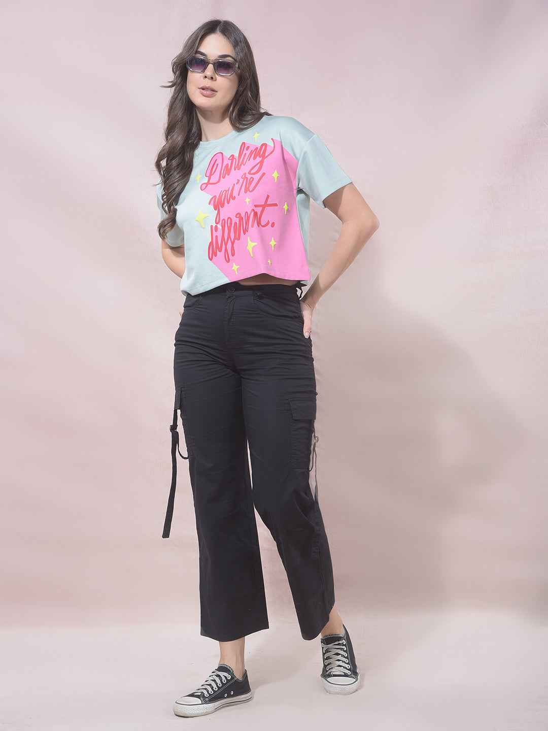 Green Typographic Print Cropped T-Shirt