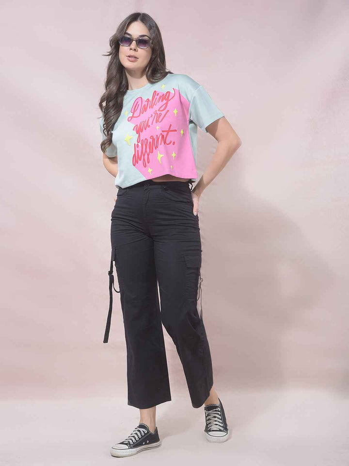 Green Typographic Print Cropped T-Shirt