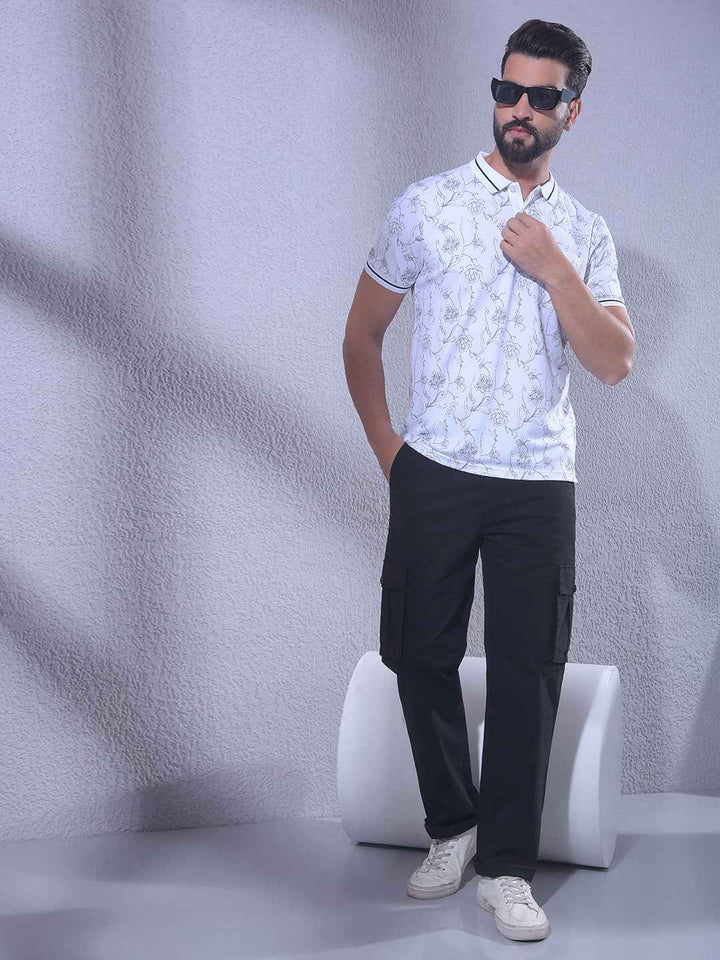 White Floral Print Polo Neck T-Shirt