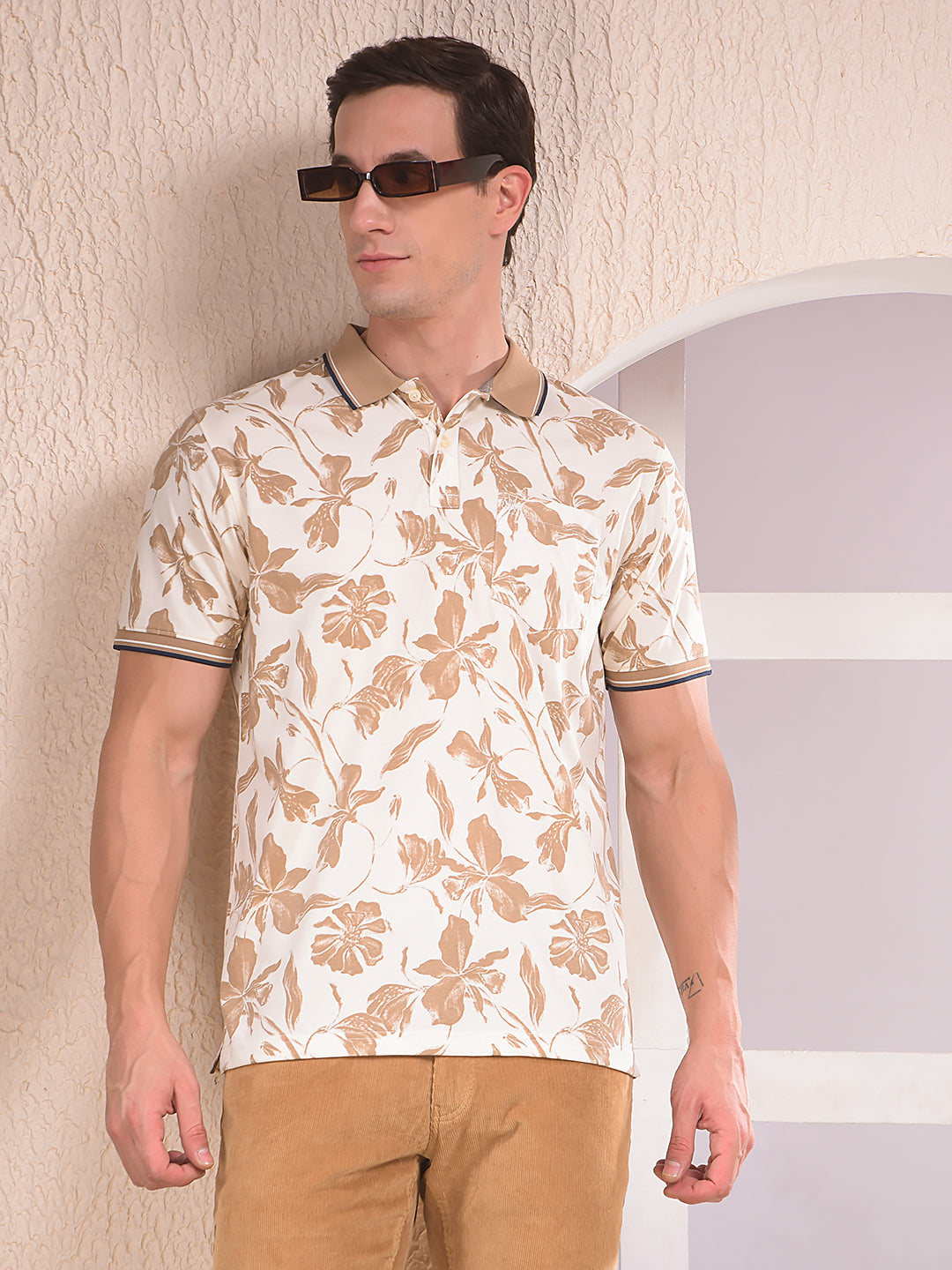 Beige Floral Print Polo Neck T-Shirt