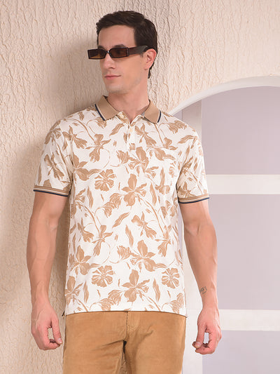 Beige Floral Print Polo Neck T-Shirt