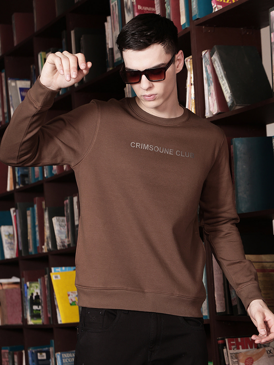 Brown Typographic Print Round Neck Sweatshirt