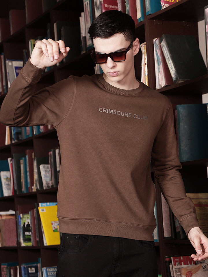 Brown Typographic Print Round Neck Sweatshirt