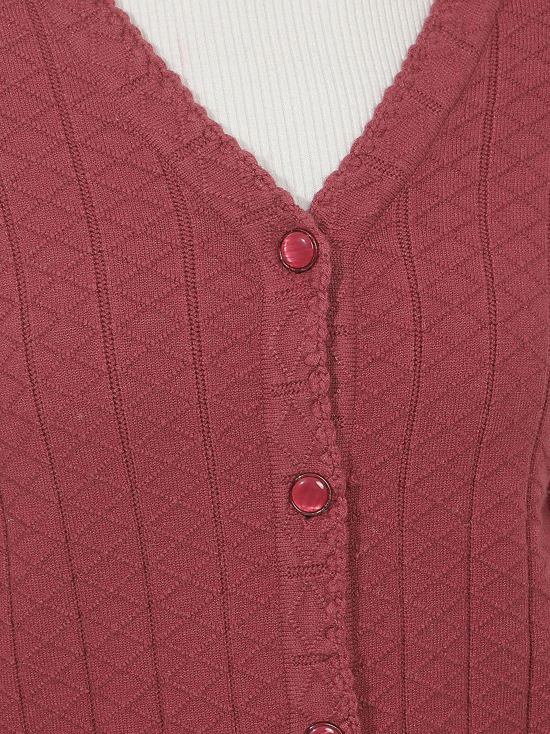 Red Jacquard V-Neck Cardigan