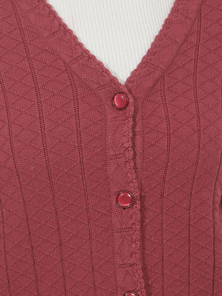 Red Jacquard V-Neck Cardigan
