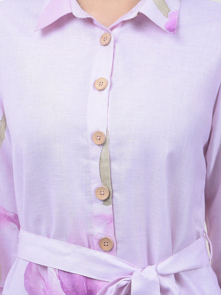 Purple Floral Print Midi Shirt-Dress