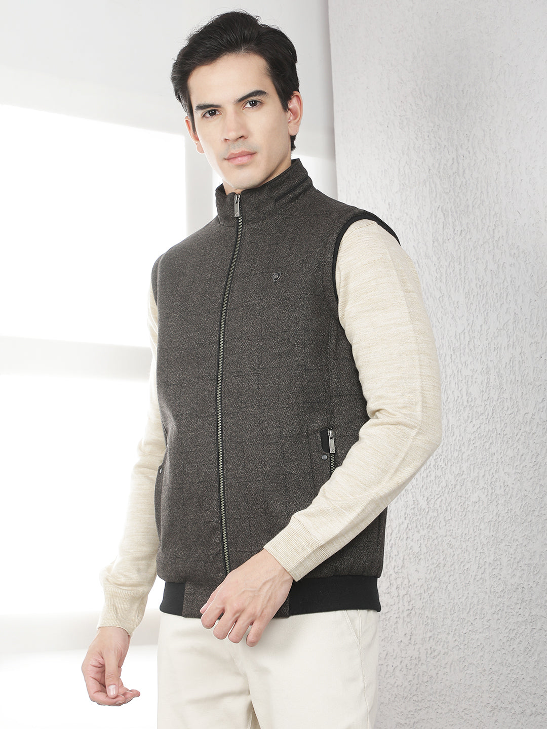 Brown Jacquard Sleeveless Jacket