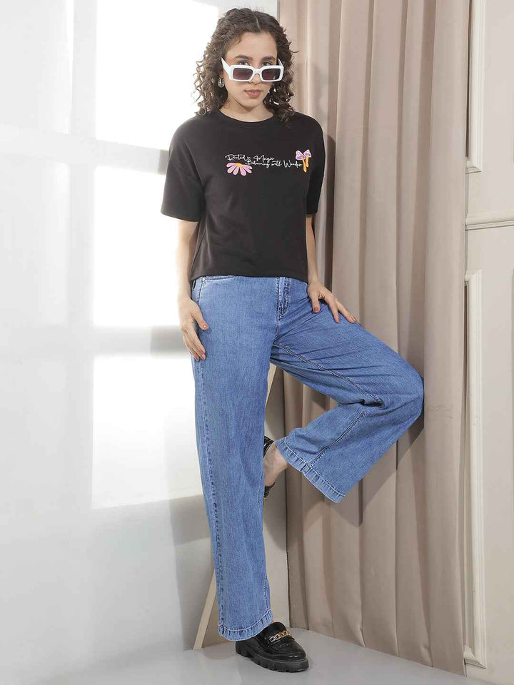 Black Typographic Printed Crop Oversize T-Shirt