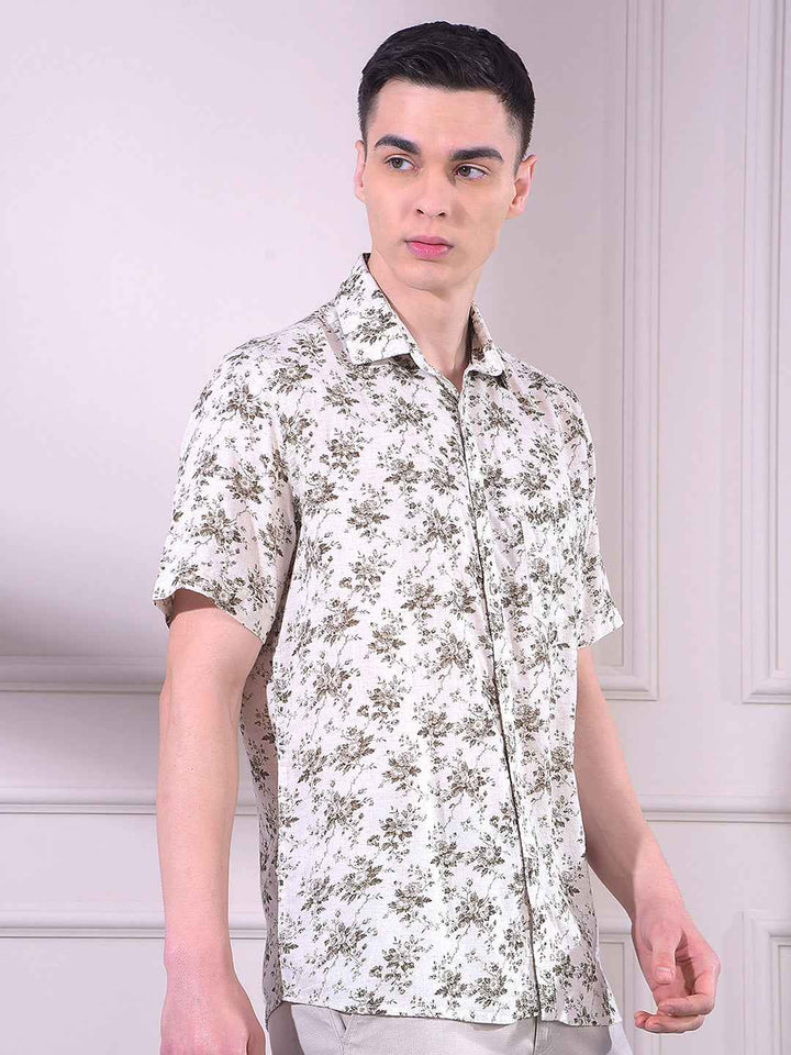 Beige Linen Floral Print Shirt