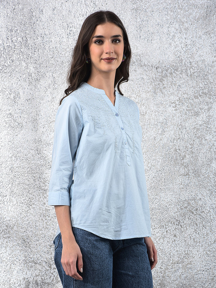 Blue Embroidered V-Neck 100% Cotton Top