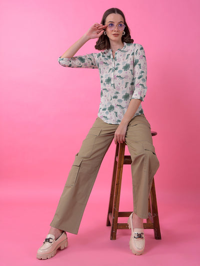 Green Printed V-Neck Linen Top