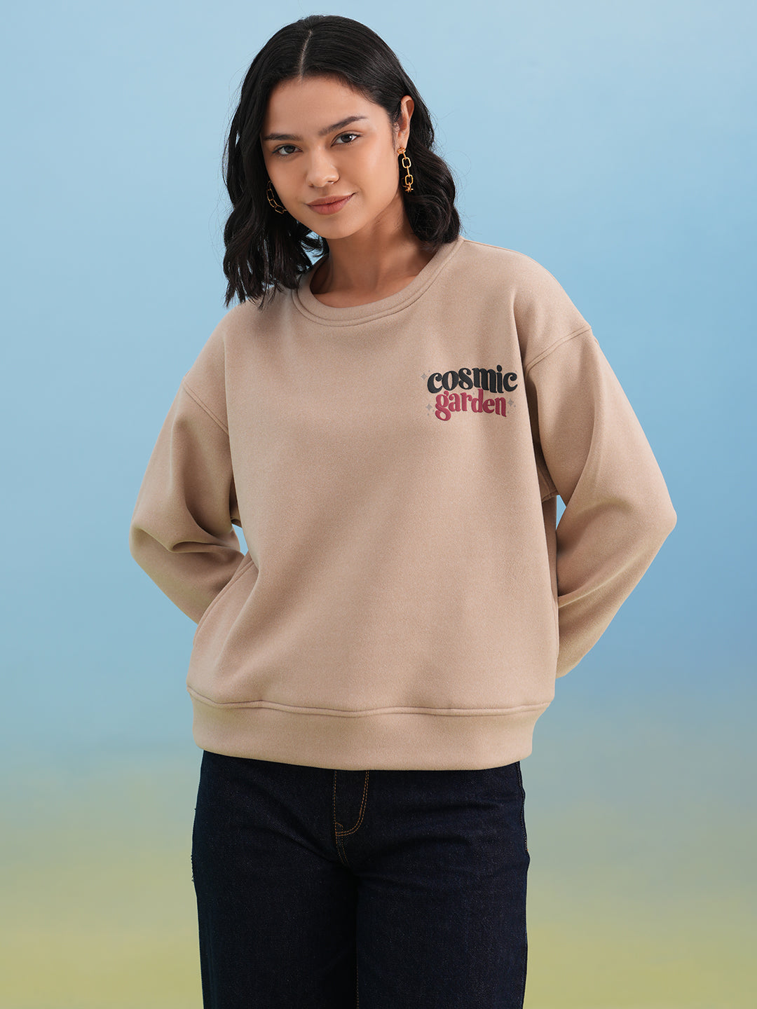 Beige Typographic Print Sweatshirt
