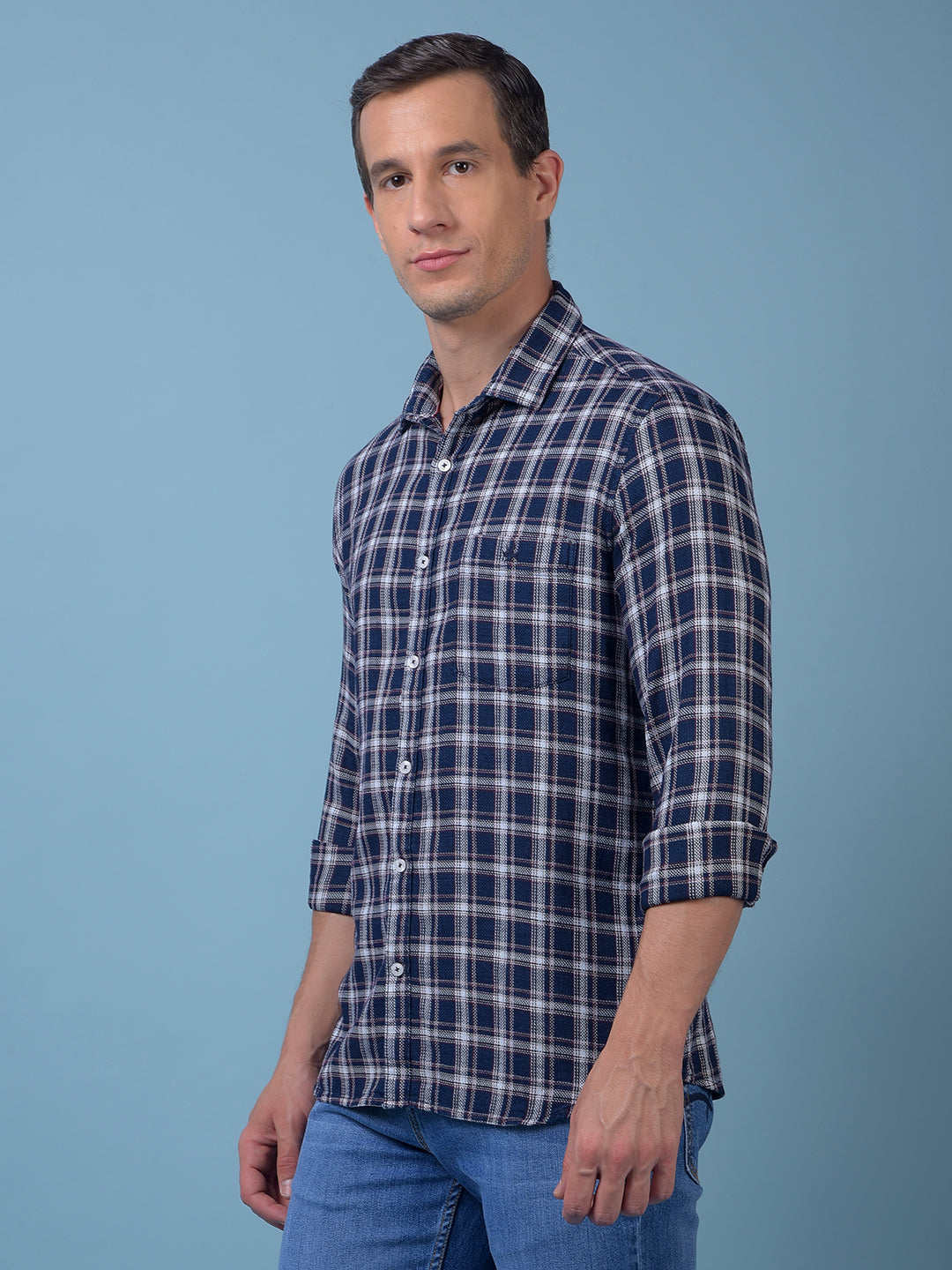 Navy Blue Checked 100% Cotton Shirt